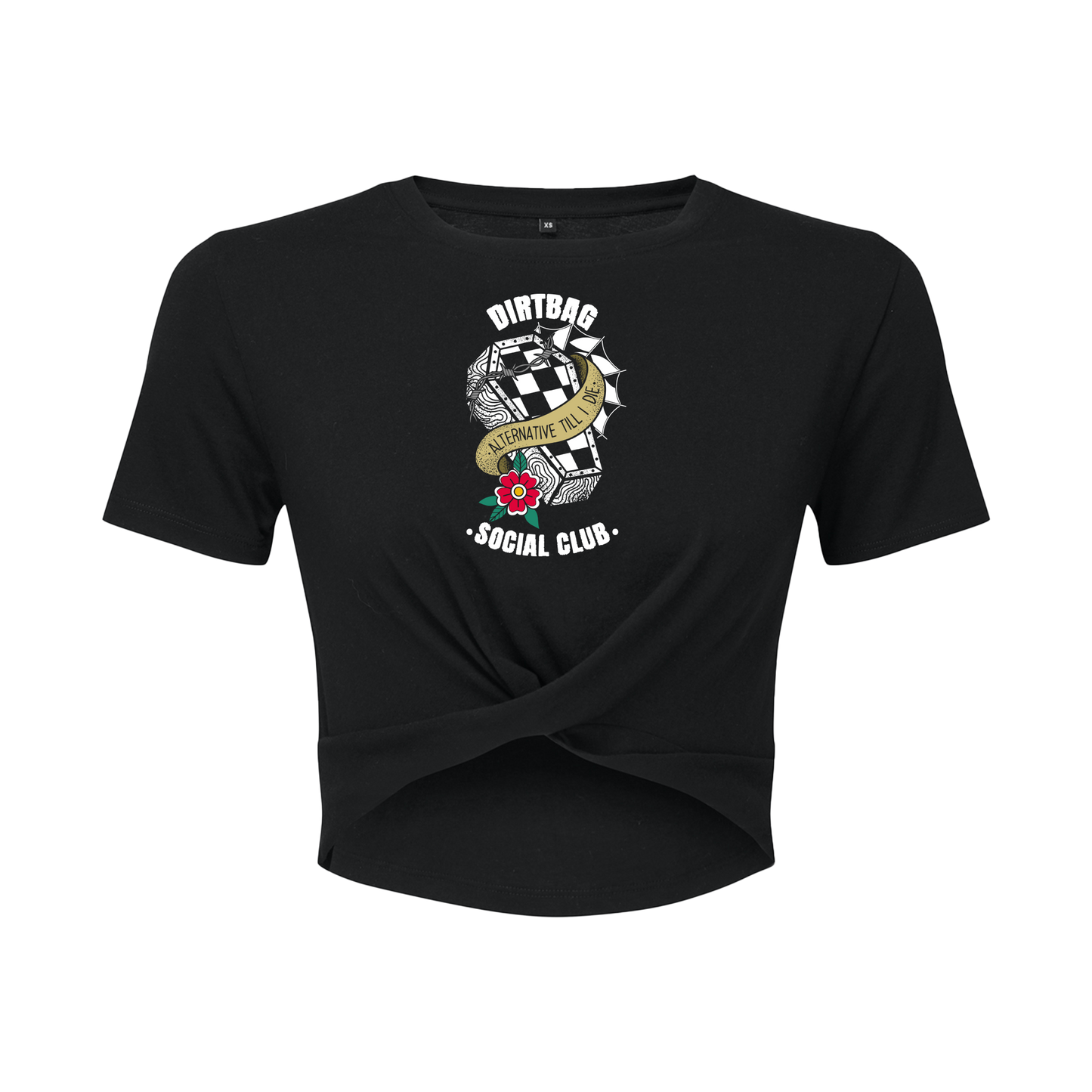 Adults Dirt Bag tattoo inspired checkerboard coffin Twist Cropped Oversized T-shirt