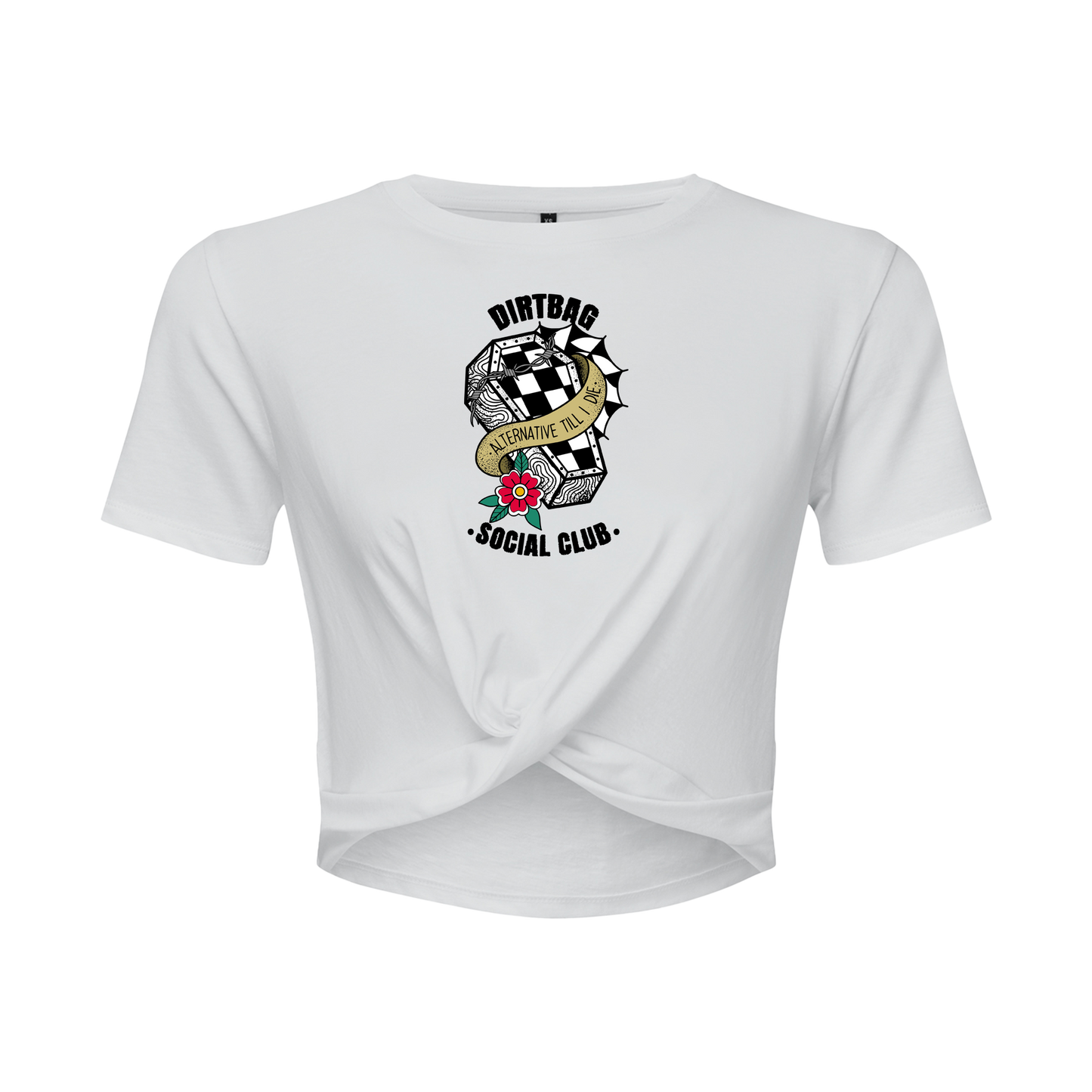 Adults Dirt Bag tattoo inspired checkerboard coffin Twist Cropped Oversized T-shirt