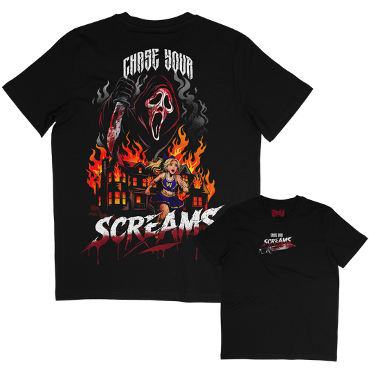 horror inspired scream tshirt. running cheerleader from ghostface burning house