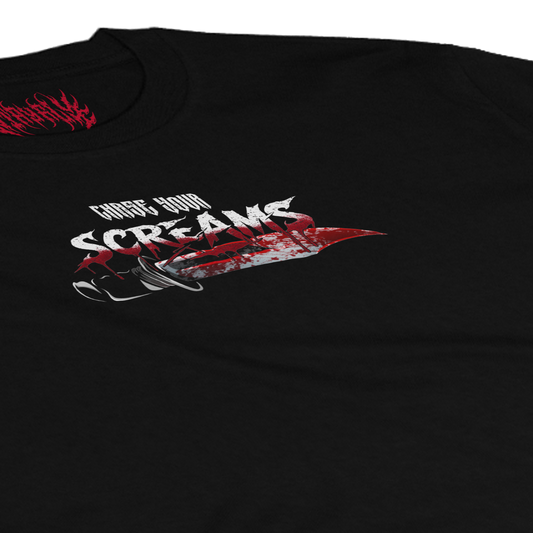 horror inspired scream tshirt. running cheerleader from ghostface burning house