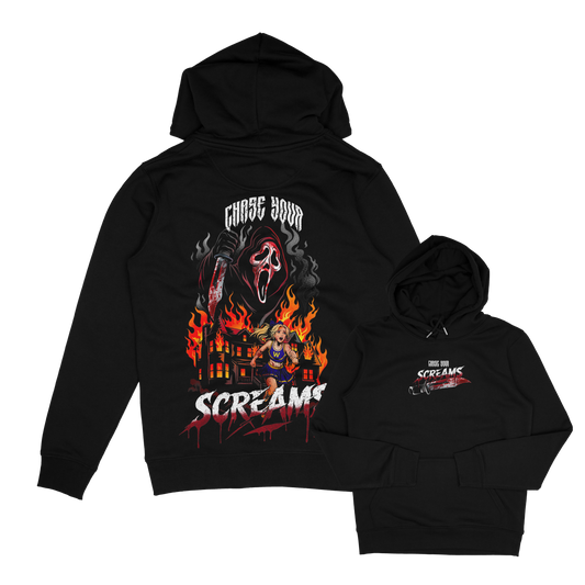 horror inspired scream hoodie. running cheerleader from ghostface burning house