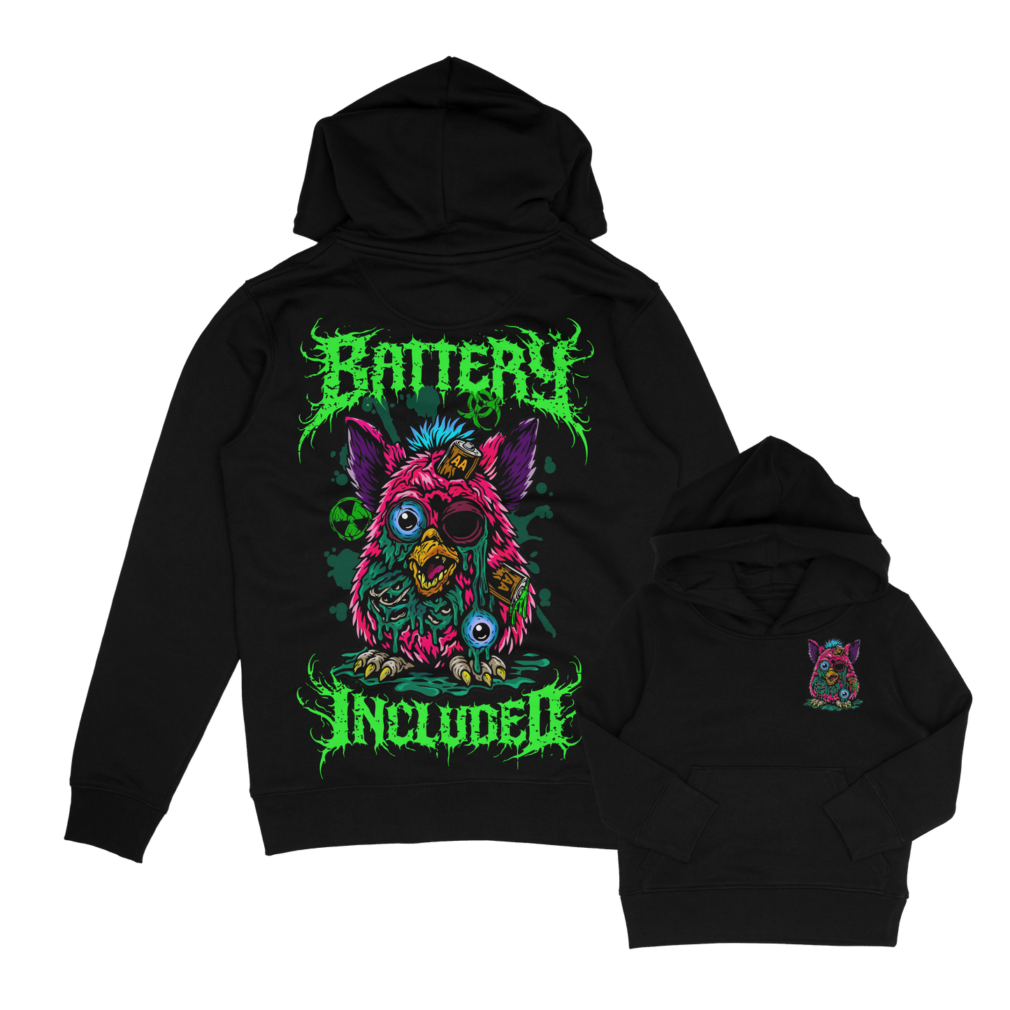 Kids Battery, 90s inspired horror furby hoodie. 