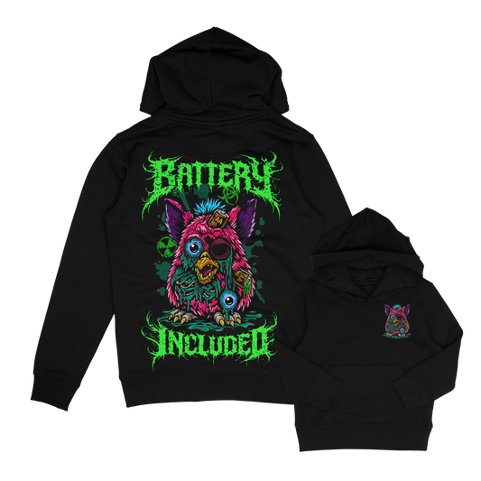 Kids Battery, 90s inspired horror furby hoodie.