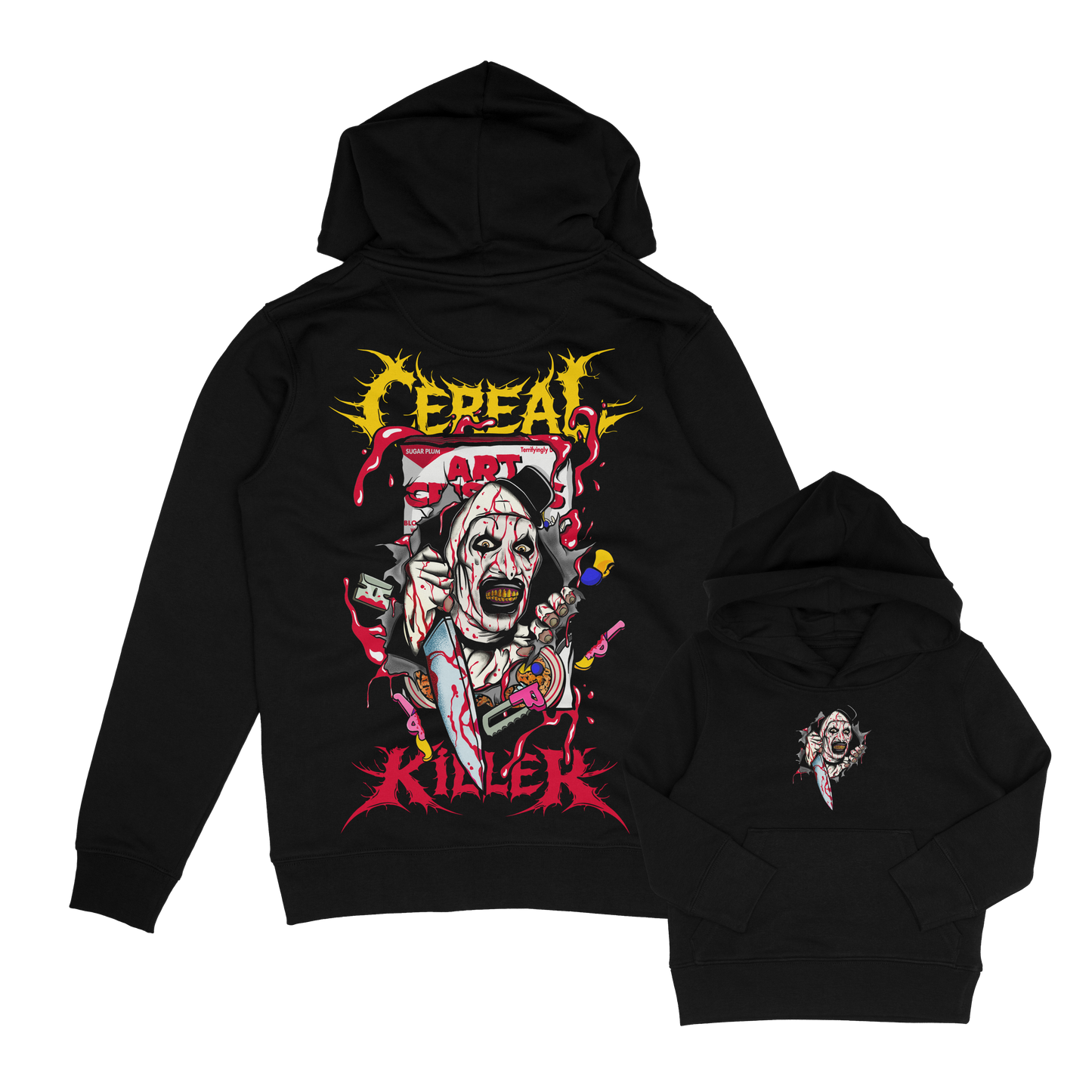 Cereal Killer, Art the clown horror inspired kids hoodie. art crispies design
