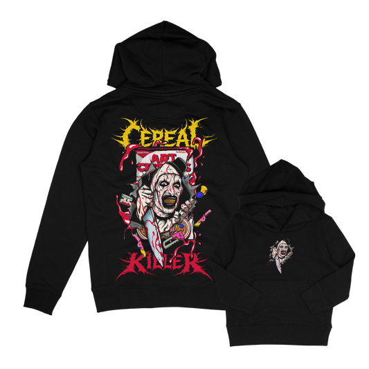Cereal Killer, Art the clown horror inspired kids hoodie. art crispies design
