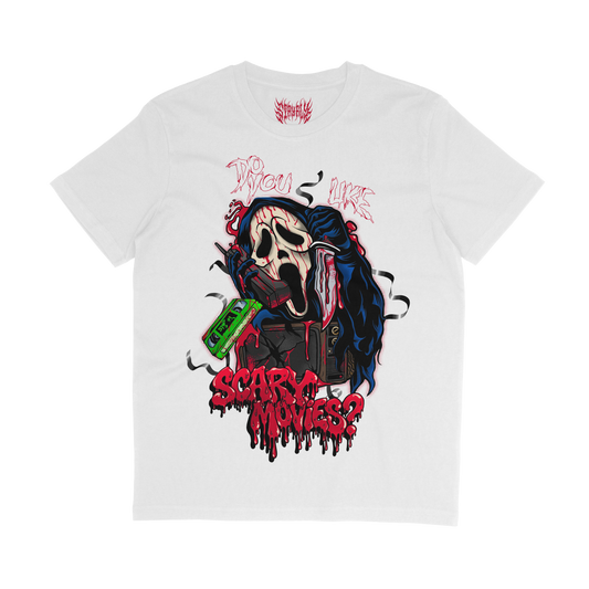 white tshirt with final call ghostface horror inspired tshirt - scream