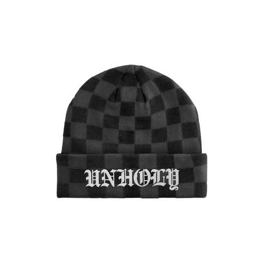 Adults Grey Checkerboard Unholy Embroidered beanie