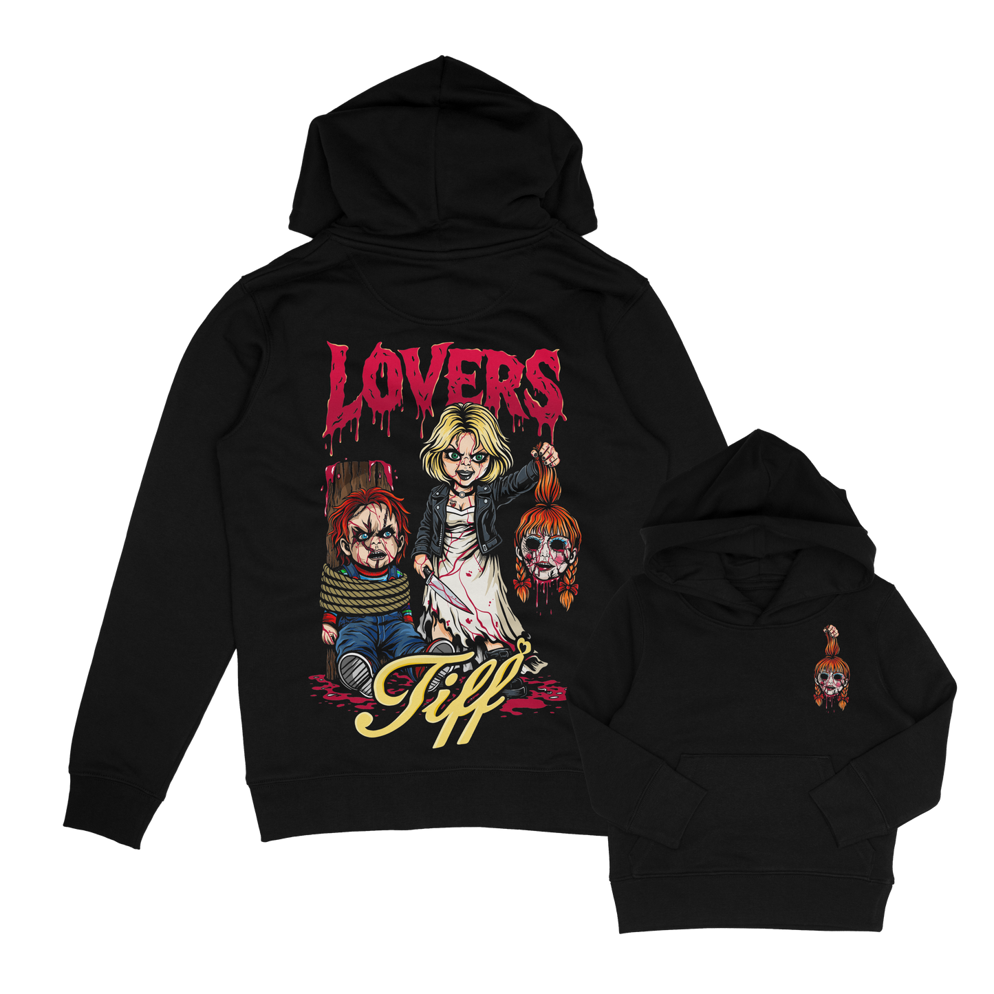 Lovers Tiff, Chucky Doll, horror inspired  childrens Hoodie