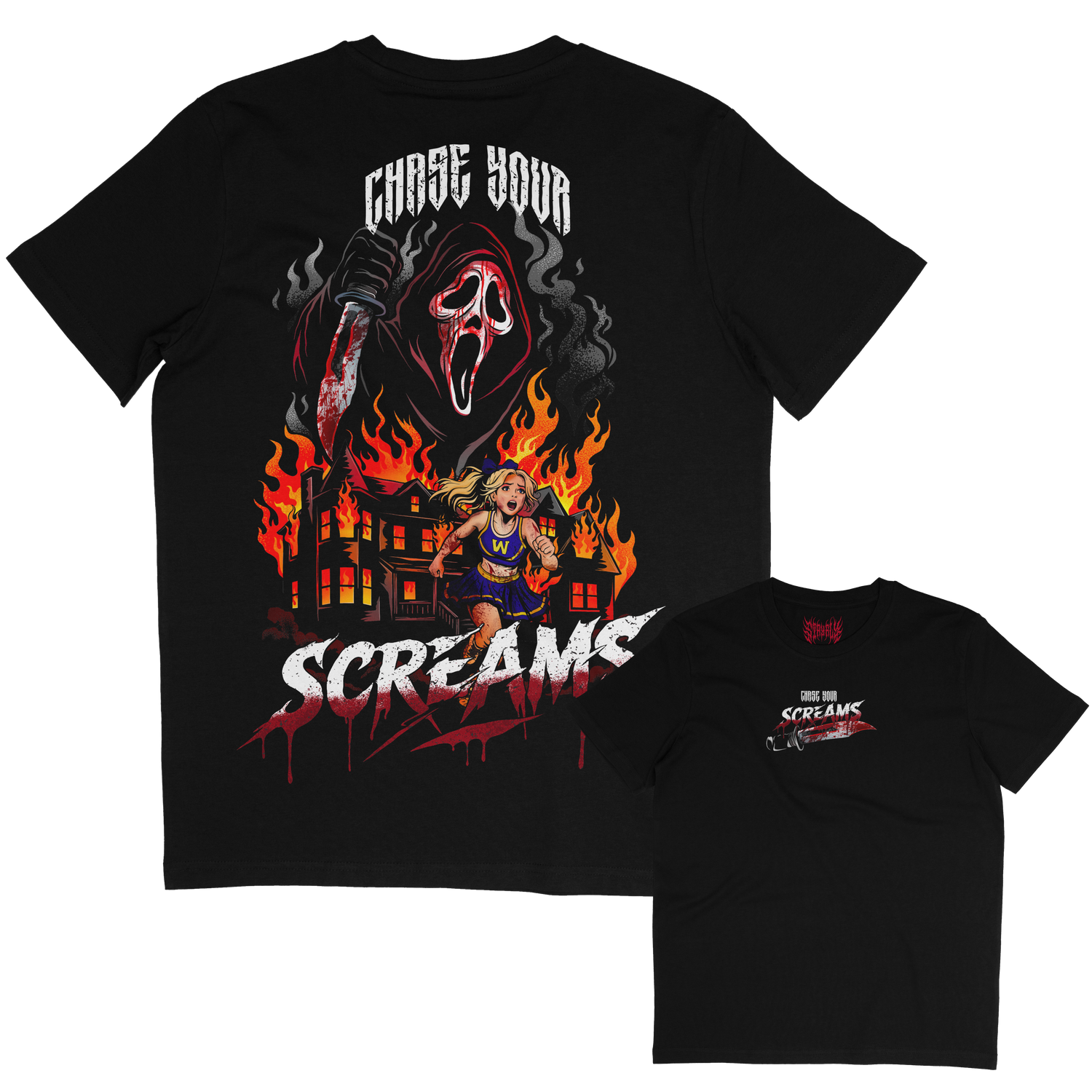 horror inspired scream tshirt. running cheerleader from ghostface burning house