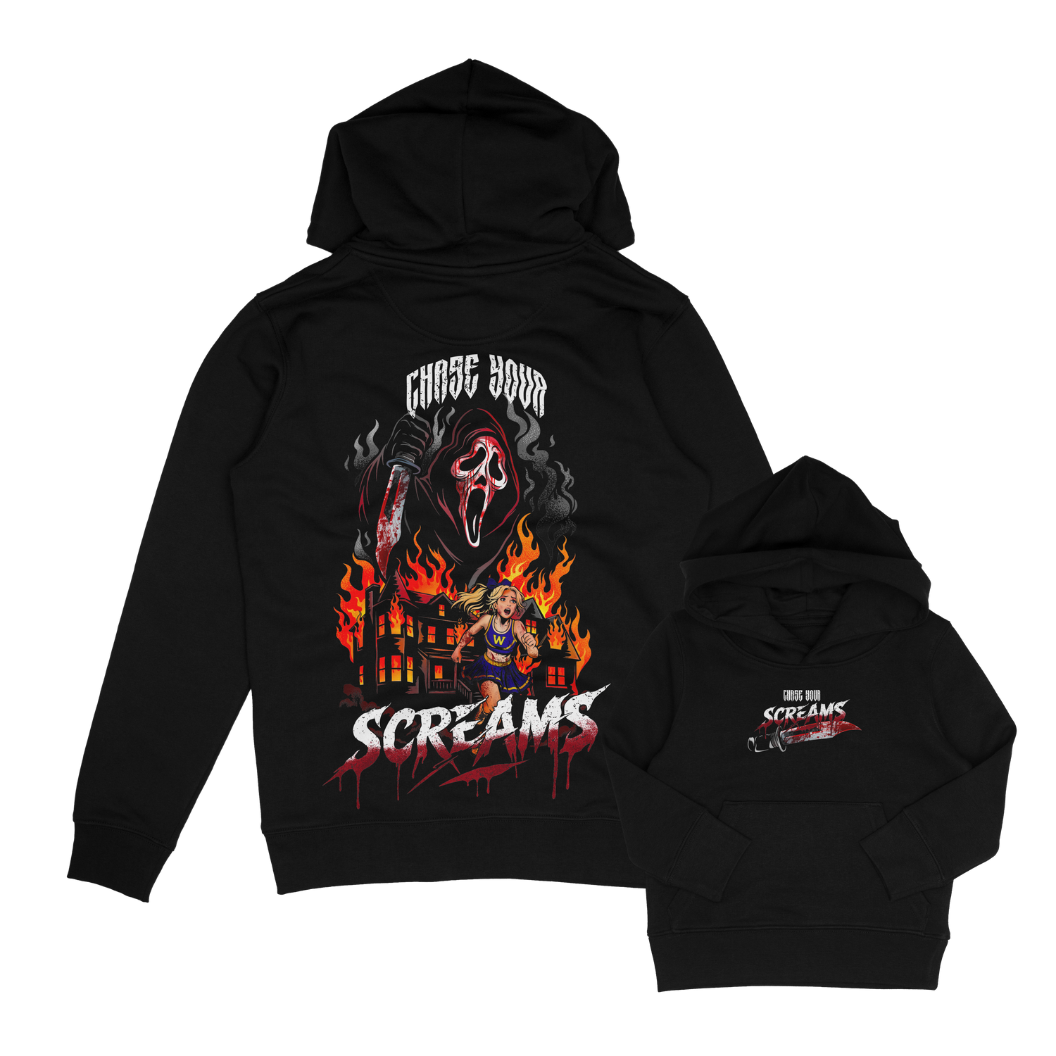 scream chaser horror inspired kids scream hoodie. cheerleader running from burning house