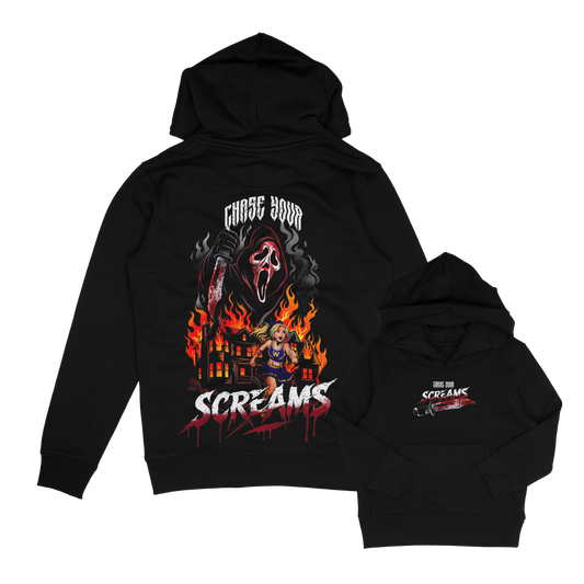 scream chaser horror inspired kids scream hoodie. cheerleader running from burning house