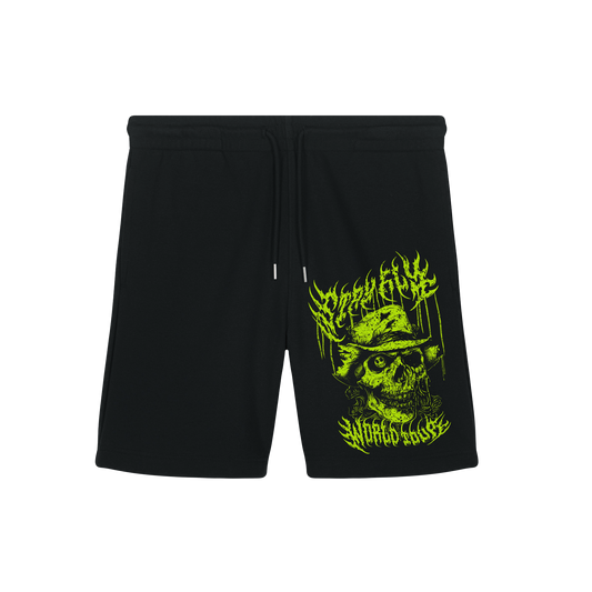 Alternative fashion Black Orangic shorts with Tattoo inspired lime green skull